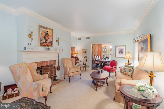 living room featuring light carpet, a fireplace, and ornamental molding