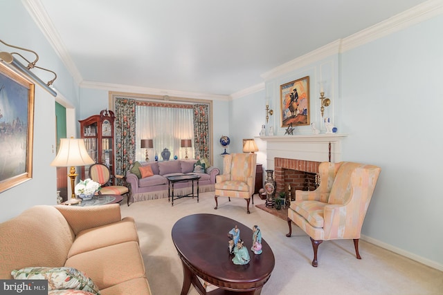 carpeted living room featuring crown molding and a brick fireplace