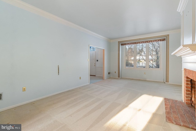 17 Kensington Sq, Mechanicsburg, PA 17050 - unfurnished living room with light carpet, baseboards, a fireplace, and ornamental molding