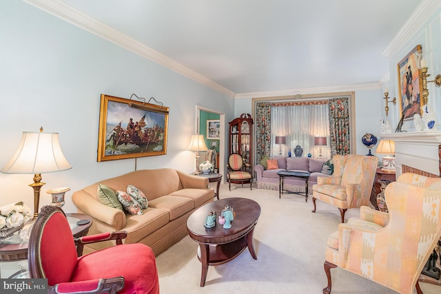 living room with crown molding and light colored carpet