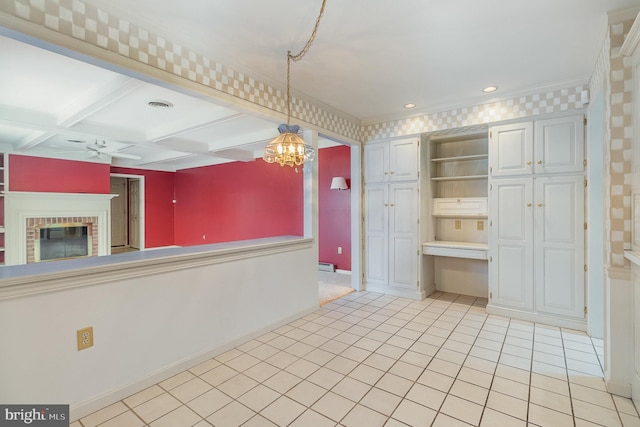 17 Kensington Sq, Mechanicsburg, PA 17050 - interior space featuring coffered ceiling, visible vents, beamed ceiling, a fireplace, and ceiling fan with notable chandelier