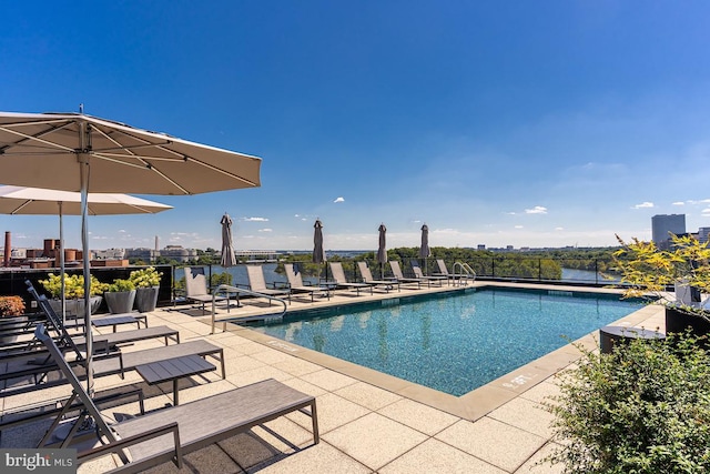 view of pool featuring a patio and a water view