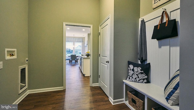 mudroom featuring dark wood-type flooring