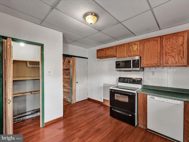 kitchen with black / electric stove, dishwasher, a paneled ceiling, and dark hardwood / wood-style flooring