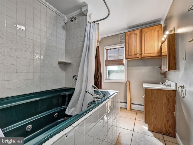 bathroom featuring tile patterned floors, shower / bath combo, a baseboard radiator, ornamental molding, and vanity