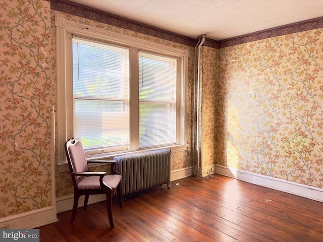 sitting room featuring hardwood / wood-style floors, a healthy amount of sunlight, and radiator