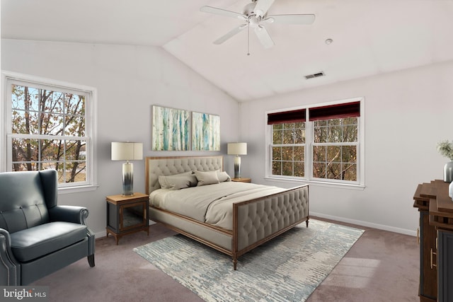 carpeted bedroom with lofted ceiling and ceiling fan