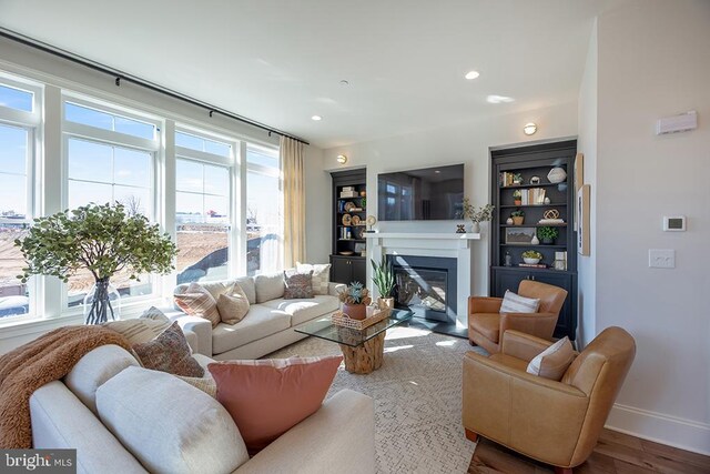 living room with plenty of natural light and hardwood / wood-style floors