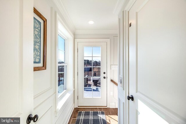 doorway with dark hardwood / wood-style floors and crown molding