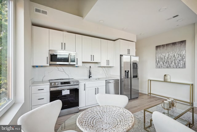 kitchen featuring light hardwood / wood-style floors, tasteful backsplash, sink, stainless steel appliances, and white cabinetry