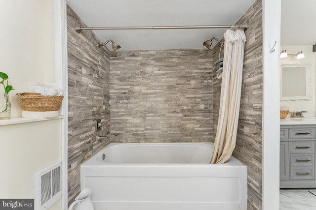 bathroom with vanity and shower / tub combo with curtain