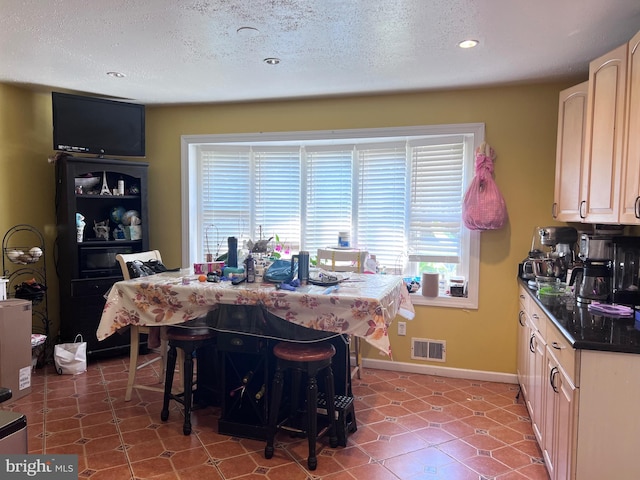 dining space with a textured ceiling