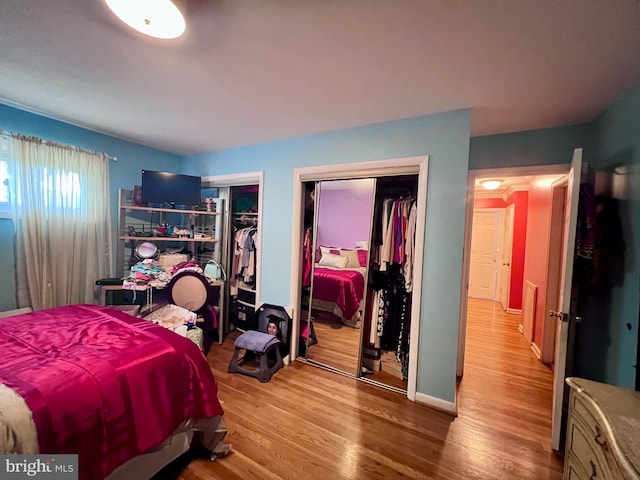 bedroom featuring multiple closets and wood-type flooring