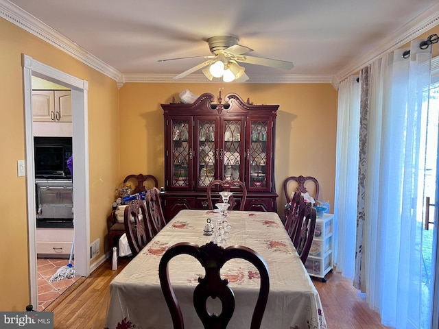 dining space featuring crown molding, light wood-type flooring, and ceiling fan