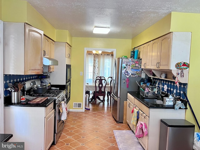 kitchen featuring sink, ventilation hood, stainless steel appliances, and a textured ceiling