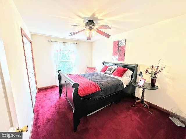 bedroom with ceiling fan and carpet