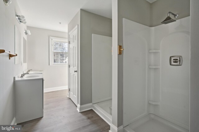 bathroom with walk in shower, vanity, and wood-type flooring