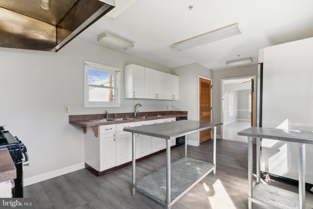 kitchen with ventilation hood, black / electric stove, white cabinets, and dark hardwood / wood-style flooring