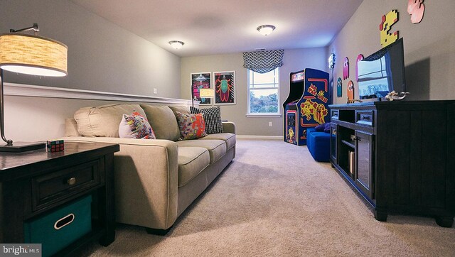 living room with light colored carpet