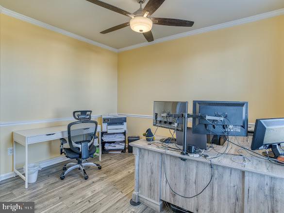 home office with hardwood / wood-style floors, ceiling fan, and ornamental molding