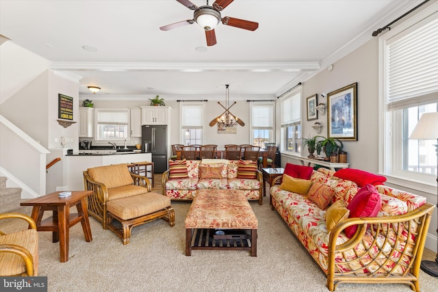 9 134th St Unit 9B, Ocean City, MD 21842 - living room with stairway, a ceiling fan, crown molding, and plenty of natural light