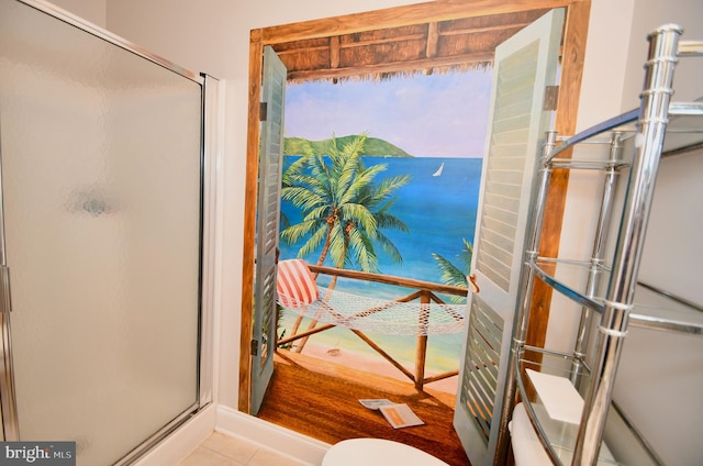 bathroom with tile patterned flooring and a shower with door