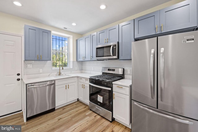 kitchen featuring backsplash, sink, white cabinetry, appliances with stainless steel finishes, and light hardwood / wood-style floors