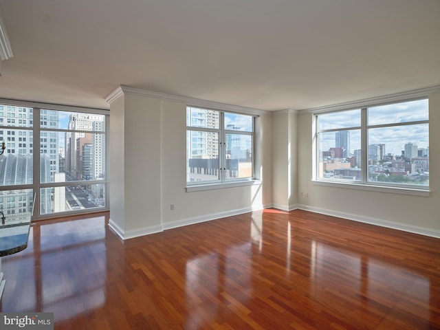 spare room with crown molding, plenty of natural light, and dark hardwood / wood-style flooring