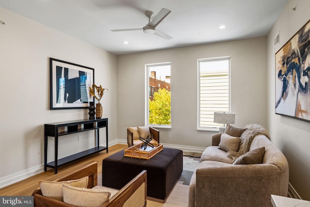 living room with wood-type flooring and ceiling fan