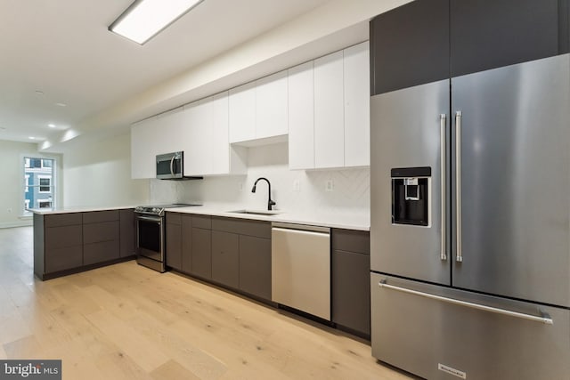 kitchen with white cabinetry, stainless steel appliances, light hardwood / wood-style floors, sink, and backsplash