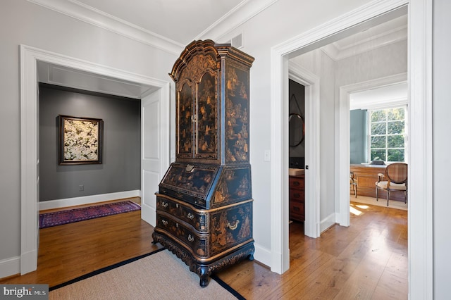 1484 W Strasburg Rd, West Chester, PA 19382 - hall featuring baseboards, ornamental molding, and wood-type flooring