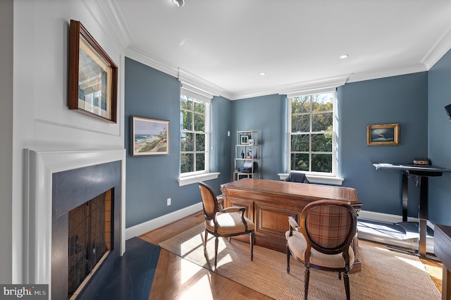1484 W Strasburg Rd, West Chester, PA 19382 - home office featuring baseboards, a fireplace, wood finished floors, and ornamental molding