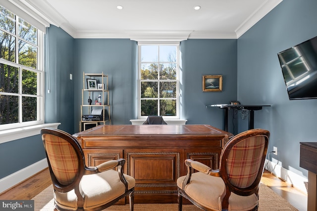 1484 W Strasburg Rd, West Chester, PA 19382 - office area featuring baseboards, ornamental molding, wood finished floors, and a wealth of natural light