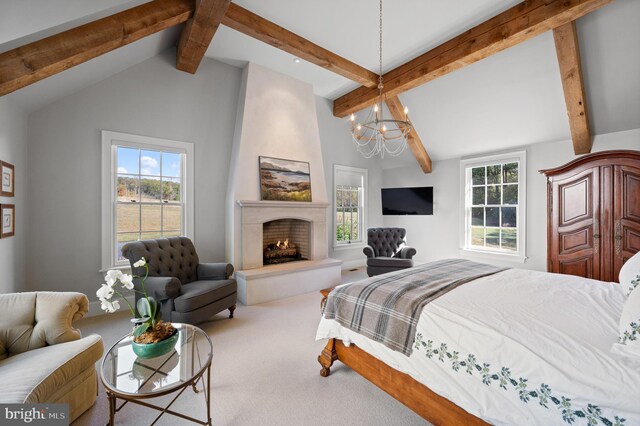 1484 W Strasburg Rd, West Chester, PA 19382 - bedroom featuring carpet floors, vaulted ceiling with beams, an inviting chandelier, and multiple windows