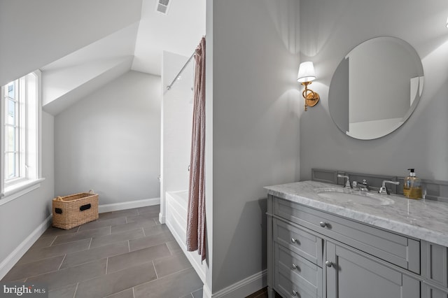 1484 W Strasburg Rd, West Chester, PA 19382 - full bathroom with baseboards, visible vents, vanity, and shower / bathtub combination with curtain