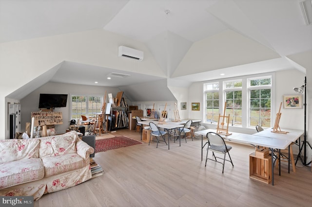 1484 W Strasburg Rd, West Chester, PA 19382 - living area featuring high vaulted ceiling, an AC wall unit, and wood finished floors