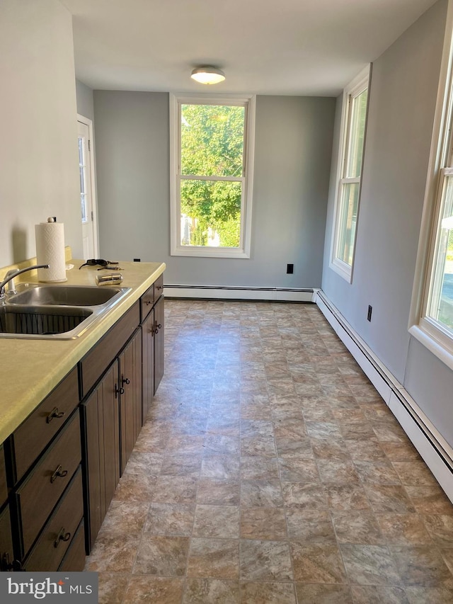 kitchen featuring dark brown cabinets, a healthy amount of sunlight, sink, and a baseboard heating unit