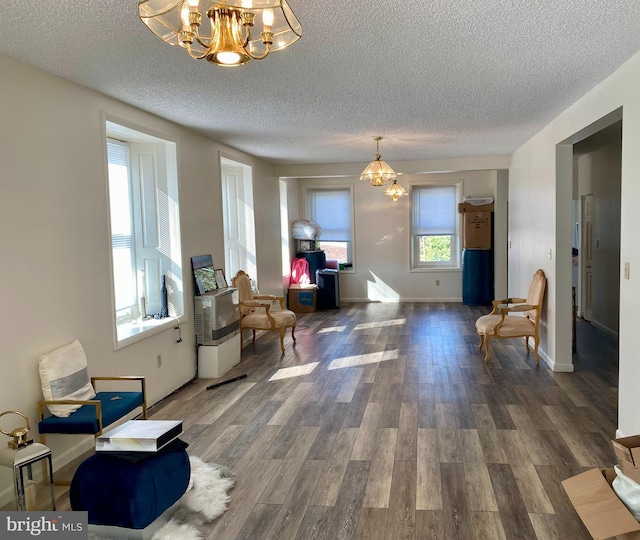 sitting room featuring a textured ceiling and dark wood-type flooring