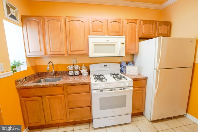 kitchen with sink, light tile patterned flooring, crown molding, and white appliances