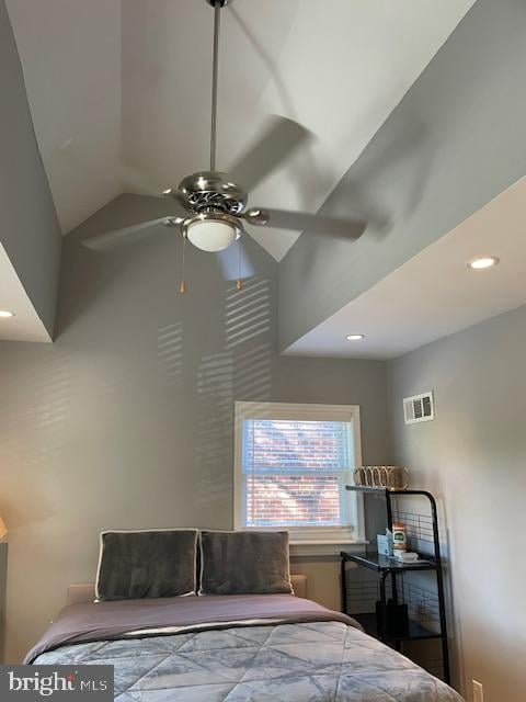 bedroom featuring vaulted ceiling and ceiling fan