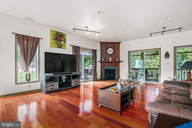 living room with track lighting and wood-type flooring