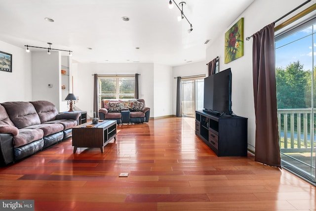 living room with hardwood / wood-style flooring and rail lighting