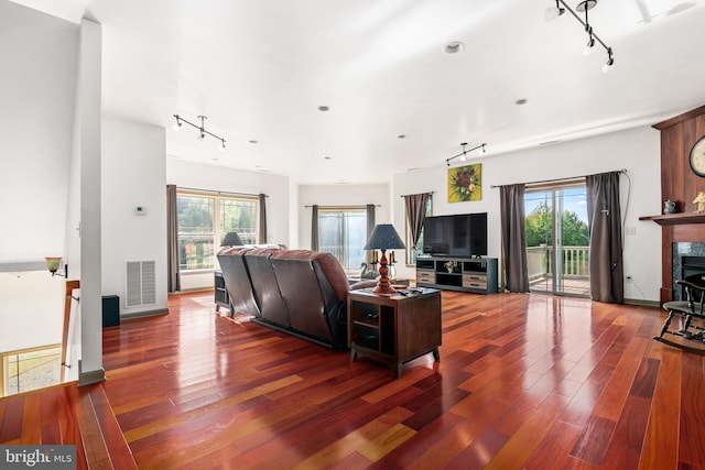 living room featuring track lighting, plenty of natural light, and hardwood / wood-style floors