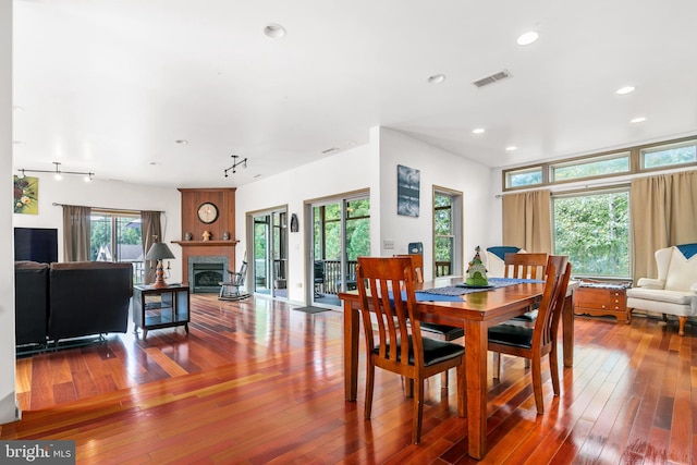 dining area featuring a large fireplace, wood-type flooring, and a wealth of natural light