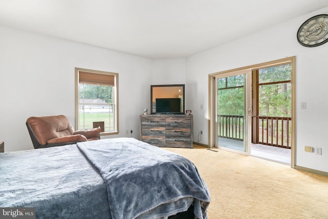 bedroom with access to exterior, multiple windows, and carpet flooring