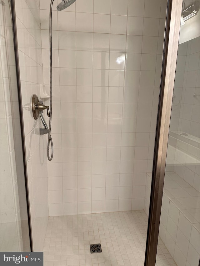 bathroom with a shower with door