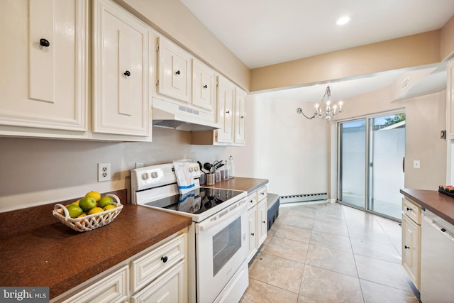 kitchen featuring light tile patterned flooring, white appliances, a notable chandelier, hanging light fixtures, and a baseboard heating unit