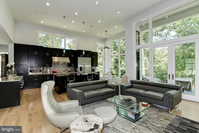 living room featuring french doors, light hardwood / wood-style flooring, a high ceiling, and a wealth of natural light