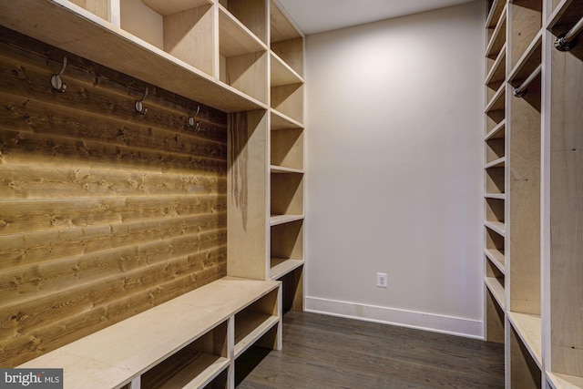 mudroom featuring baseboards and dark wood finished floors
