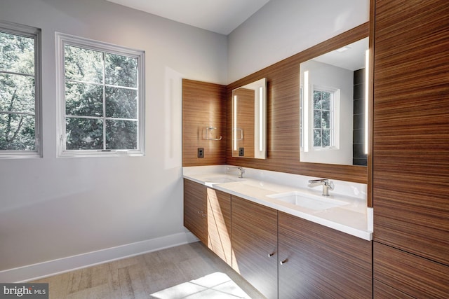 bathroom with wood finished floors, double vanity, and baseboards